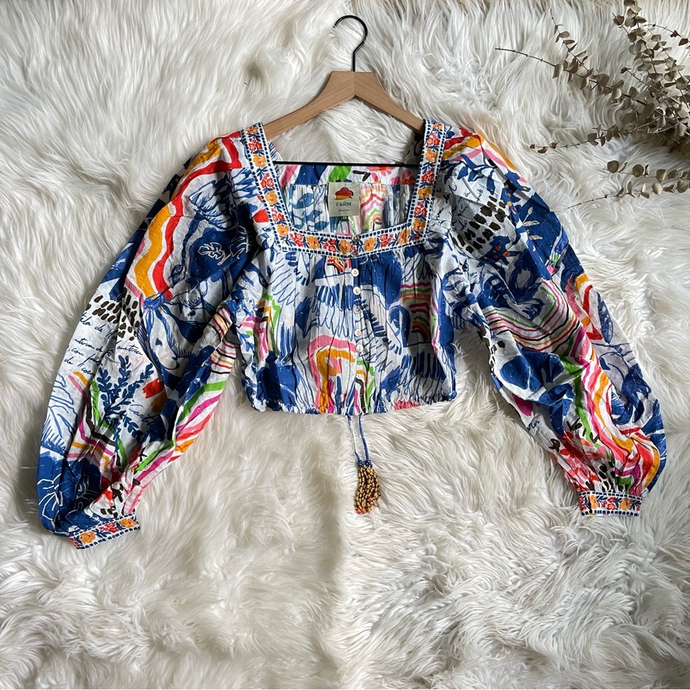 Farm Rio Wild Brazil Cotton Crop Top Drawstring Button Front Multicolor NWT XS - Picture 8 of 16